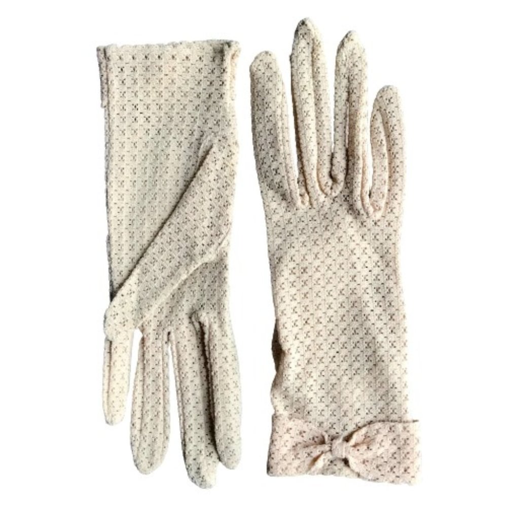 Vintage Beige Stretch Mesh Bow Detail Gloves Women